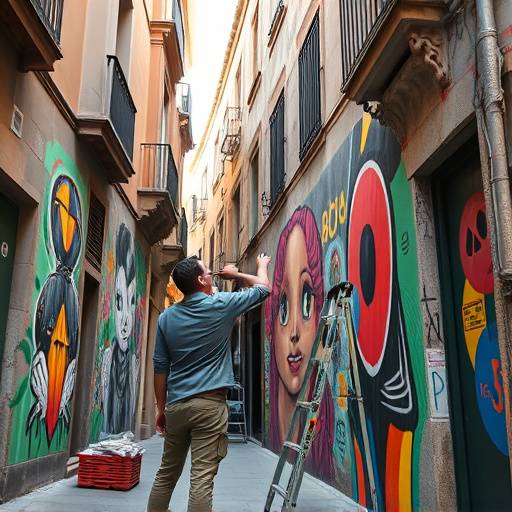 Artista local pintando un mural vibrante en una calle del barrio G&oacute;tico de Barcelona