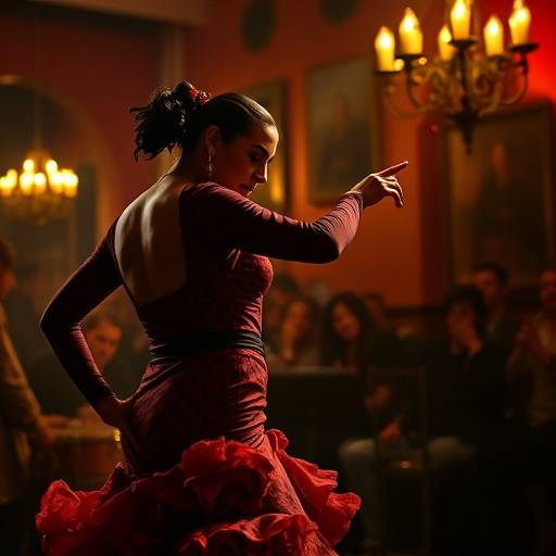 Bailaora de flamenco apasionada en un tablao &iacute;ntimo de Sevilla.