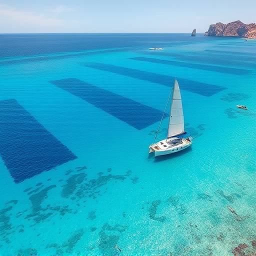 Barco de vela navegando en aguas turquesas frente a la costa de las Islas Baleares.