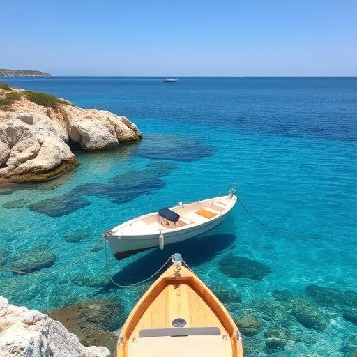 Barco navegando por aguas cristalinas de una cala turquesa en Menorca.