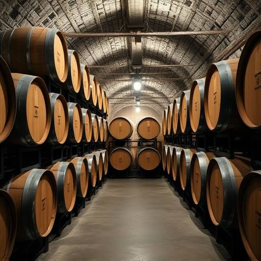 Barricas de vino apiladas en una bodega subterr&aacute;nea