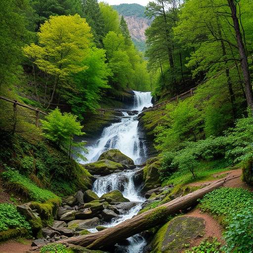Bosque frondoso en el Parque Nacional de Ordesa y Monte Perdido, con cascadas y senderos.