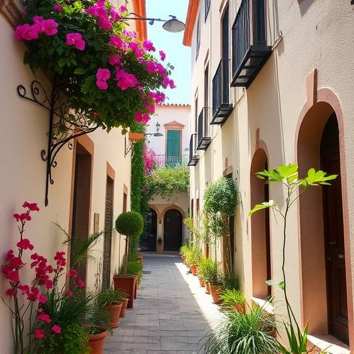 Callejuela estrecha y florida en el barrio de Santa Cruz de Sevilla, con patios interiores visibles.