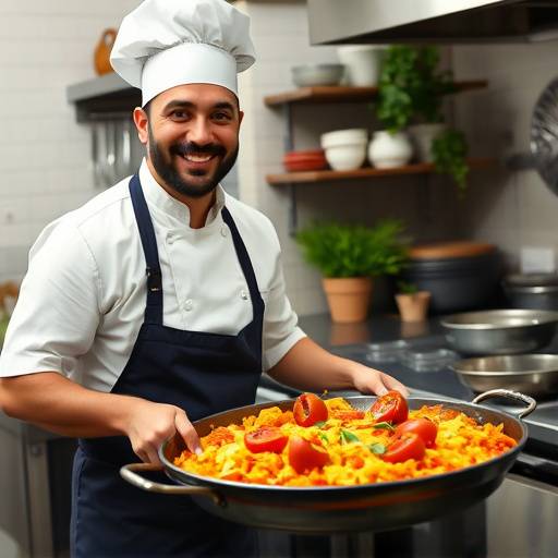 Chef sonriente mostrando una paella reci&eacute;n hecha en una cocina tradicional.