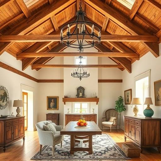 Detalle de un interior de una casa de campo r&uuml;stica pero elegante, con vigas de madera y mobiliario de &eacute;poca.