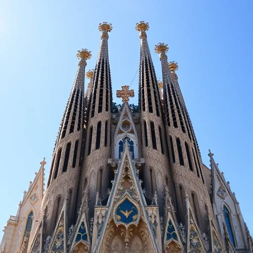 Fachada de la Sagrada Familia en Barcelona con detalles arquitect&oacute;nicos complejos y un cielo azul.