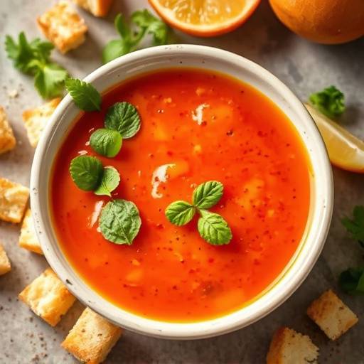 Gazpacho andaluz refrescante servido en un cuenco con picatostes