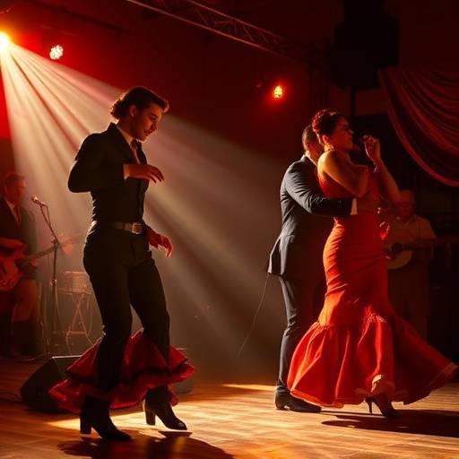 Gente bailando flamenco apasionadamente en un tablao