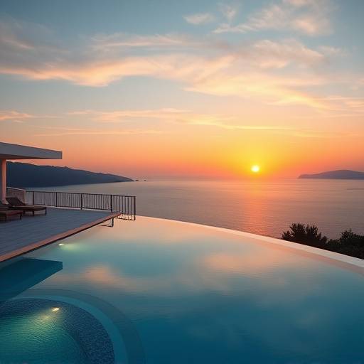 Impresionante villa de lujo con piscina infinita y vistas al mar Mediterr&aacute;neo al atardecer.
