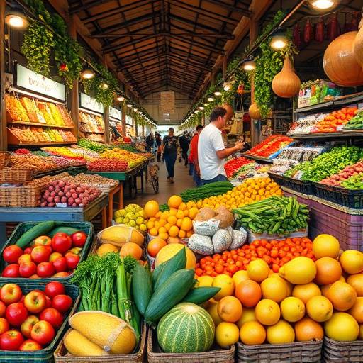 Interior del Mercado Central de Valencia, lleno de puestos de frutas frescas, verduras y productos locales.
