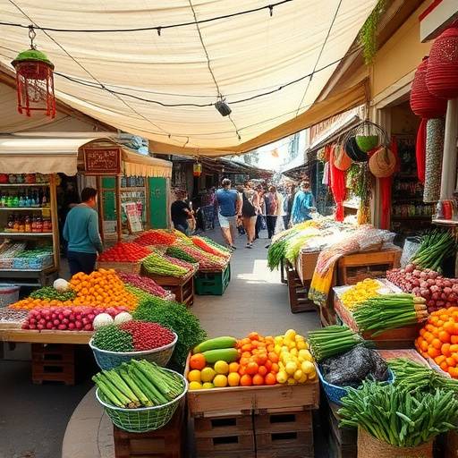 Mercado local vibrante lleno de frutas frescas, verduras y productos artesanales
