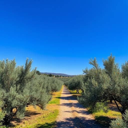 Paisaje de los campos de olivos bajo un cielo azul intenso en Andaluc&iacute;a