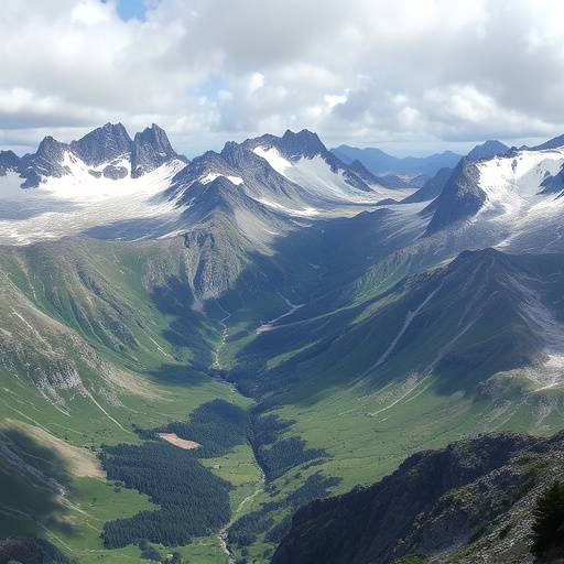 Paisaje de Picos de Europa en Asturias, con picos escarpados cubiertos de nieve y valles verdes.