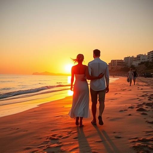 Pareja disfrutando de un paseo al atardecer por una playa de arena dorada en la Costa del Sol