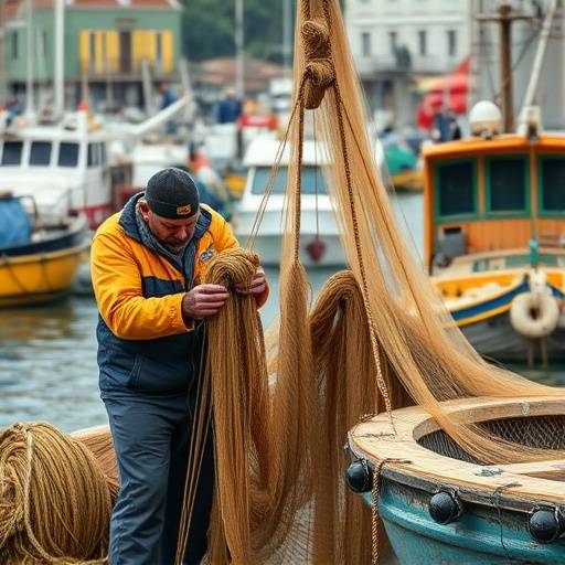 Pescadores locales reparando redes en un puerto pesquero de Galicia