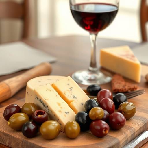 Primer plano de una mesa con aceitunas, queso manchego y una copa de vino tinto espa&ntilde;ol