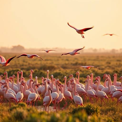 Un grupo de flamencos rosados en las marismas de Do&ntilde;ana