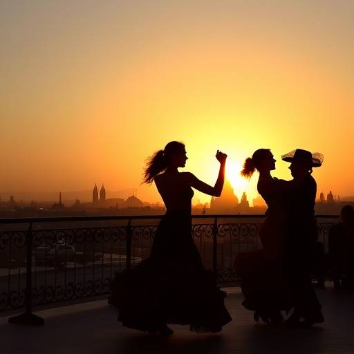 Un grupo de personas bailando flamenco en una terraza al anochecer en Sevilla