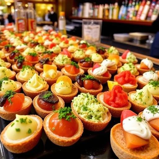 Un surtido de pintxos variados y coloridos dispuestos en una barra de bar en San Sebasti&aacute;n.