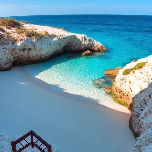 Una cala escondida en la isla de Formentera, con arena blanca fina y aguas turquesas.