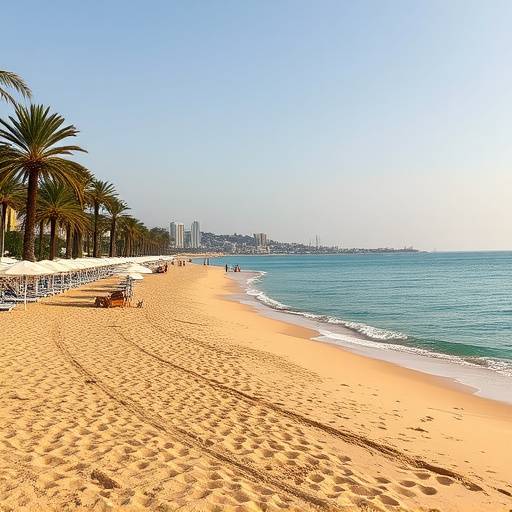 Una playa dorada en Marbella con sombrillas y palmeras, el mar Mediterr&aacute;neo al fondo.