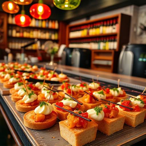 Variedad de pintxos coloridos y apetitosos en un bar vasco