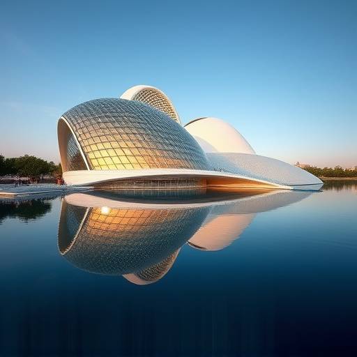 Vista moderna de la Ciudad de las Artes y las Ciencias de Valencia con reflejos en el agua.